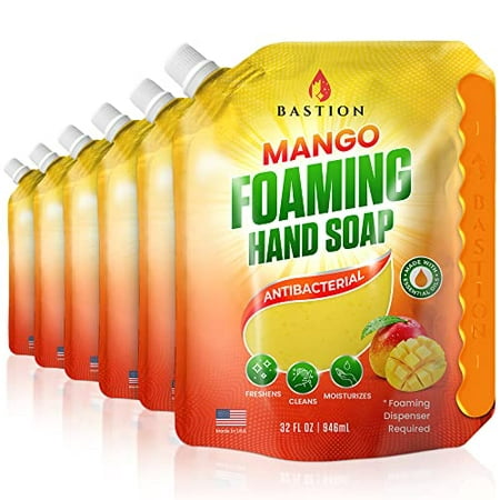 Bastion Antibacterial Hand Soap Mango Foaming Hand Wash 6 x 32oz Refill Pouches - Mango Scent w/ Essential Oils Bulk for All Skin-Types