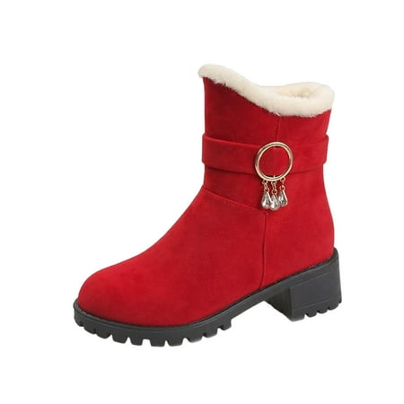 Sexlip Women s Winter Boots Suede Ankle Booties Warm Lined Chunky Heel Plush Shoes Buckle Decor Comfortable Slip on Snow Boots Red 40