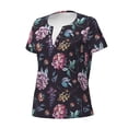 thumbnail image 2 of Goofa Roses Flowers Pattern Womens Deep V Neck Low Cut Tops Casual Summer Short Sleeve Ribbed Knit T-Shirts-Small, 2 of 5
