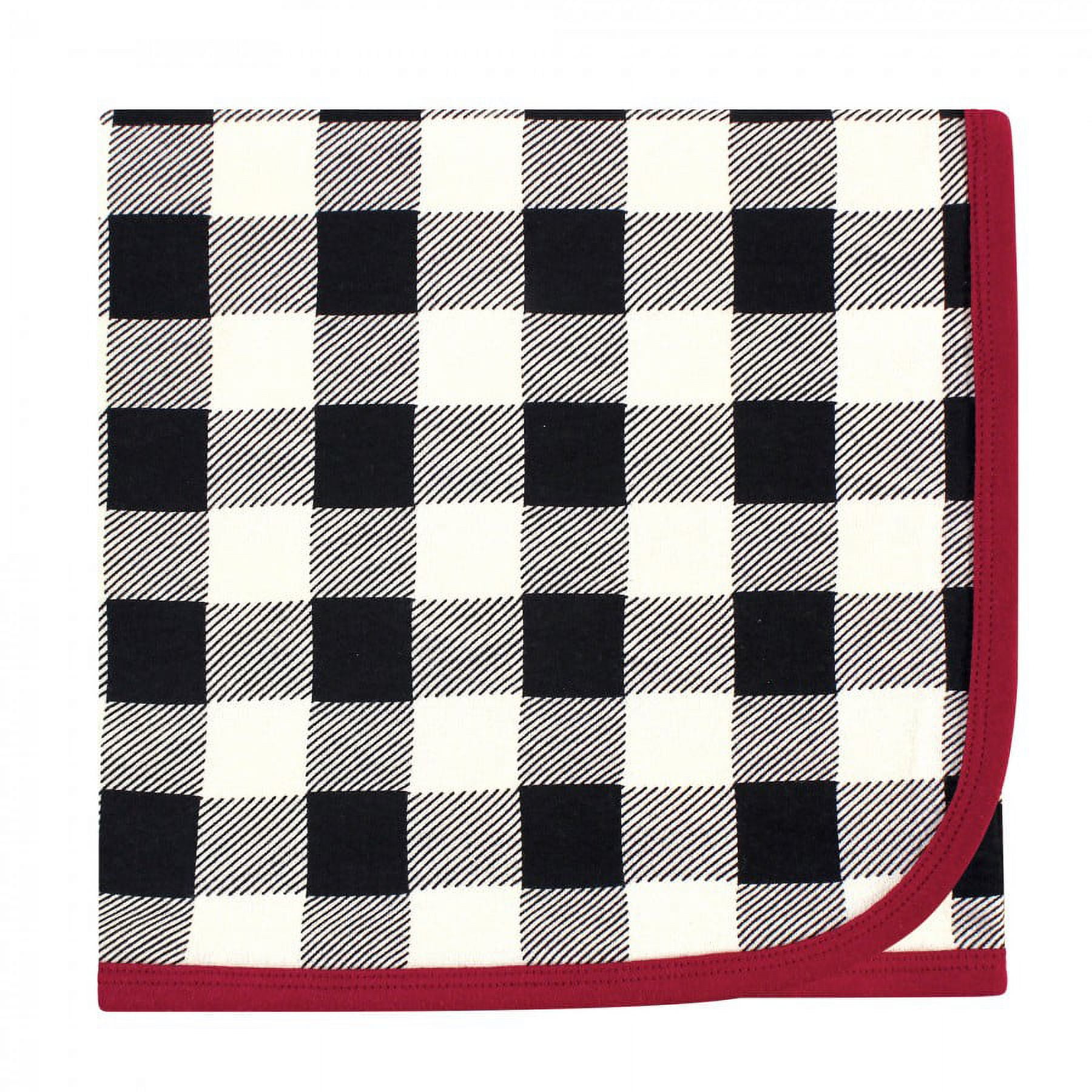 Touched by Nature Baby Boy Organic Cotton Swaddle Blanket and Headband or Cap, Black Plaid, One Size