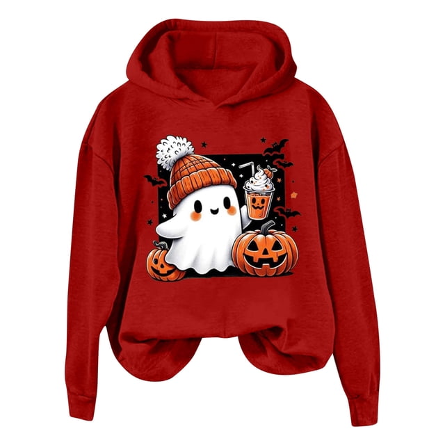 HNMKIU Chandail en Molleton Sans Capuche Imprimé Tendance Halloween pour Femmes Automne Hiver Mode Manches Longues Chandail Décontracté Mode Urbaine Rouge,L