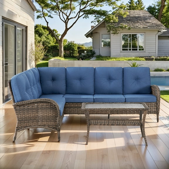 POCASSY Patio Sectional with Table, L Shaped Sectional Couch with All Weather Wicker and Olefin Fabric Cushion Cover, Sectional Patio Set with Tempered Glass Top Coffee Table Ideal for Porch in Blue