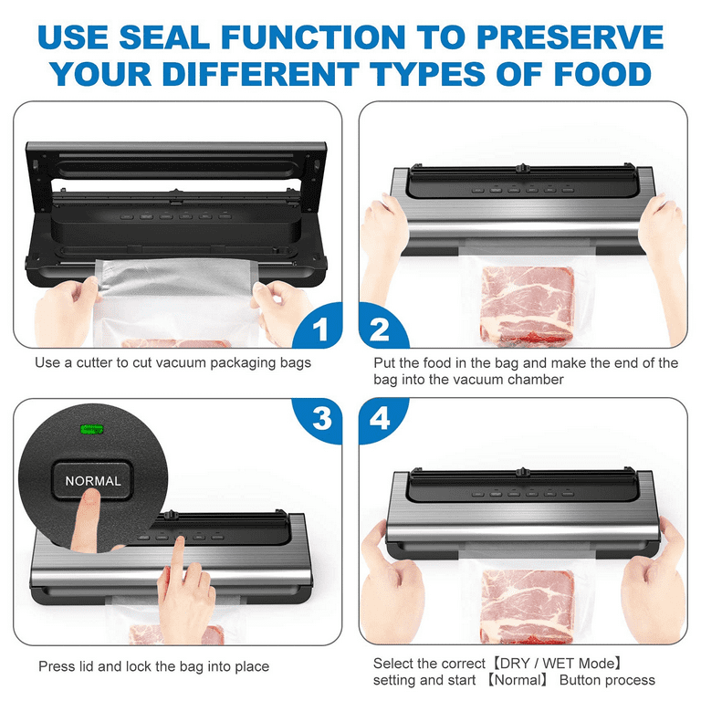  Vacuum Sealer Machine, Tunteil Automatic Air Sealing System For  Food Storage With 10 Pcs Seal Bags Starter Kit, Dry and Moist Food Modes,  Build-in Cutter, Air Suction Hose,Easy to Clean(Black): Home