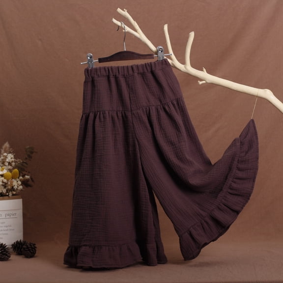 Wuxian Girls' Baggy Palazzo Wide Leg Cotton Linen Trousers Solid Color Flowy Ruffles Hem High Waist Pants Spring Summer Casual Straight Loose Relaxed Stylish Joggers Dailywear,Brown,18-24 Months
