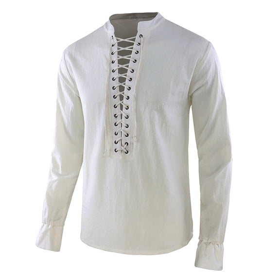 Men's long sleeved T-shirt slim stand collar tie thin pullover top solid color vintage performance dress