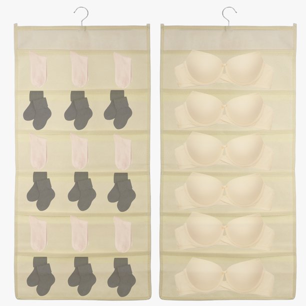 Organizador Colgante Uxcell, Bolsa de Almacenamiento para Sujetadores, Estantes de Almacenamiento Colgantes de Doble Cara para Ropa Interior y Calcetines, Beige (6+6 Bolsillos)