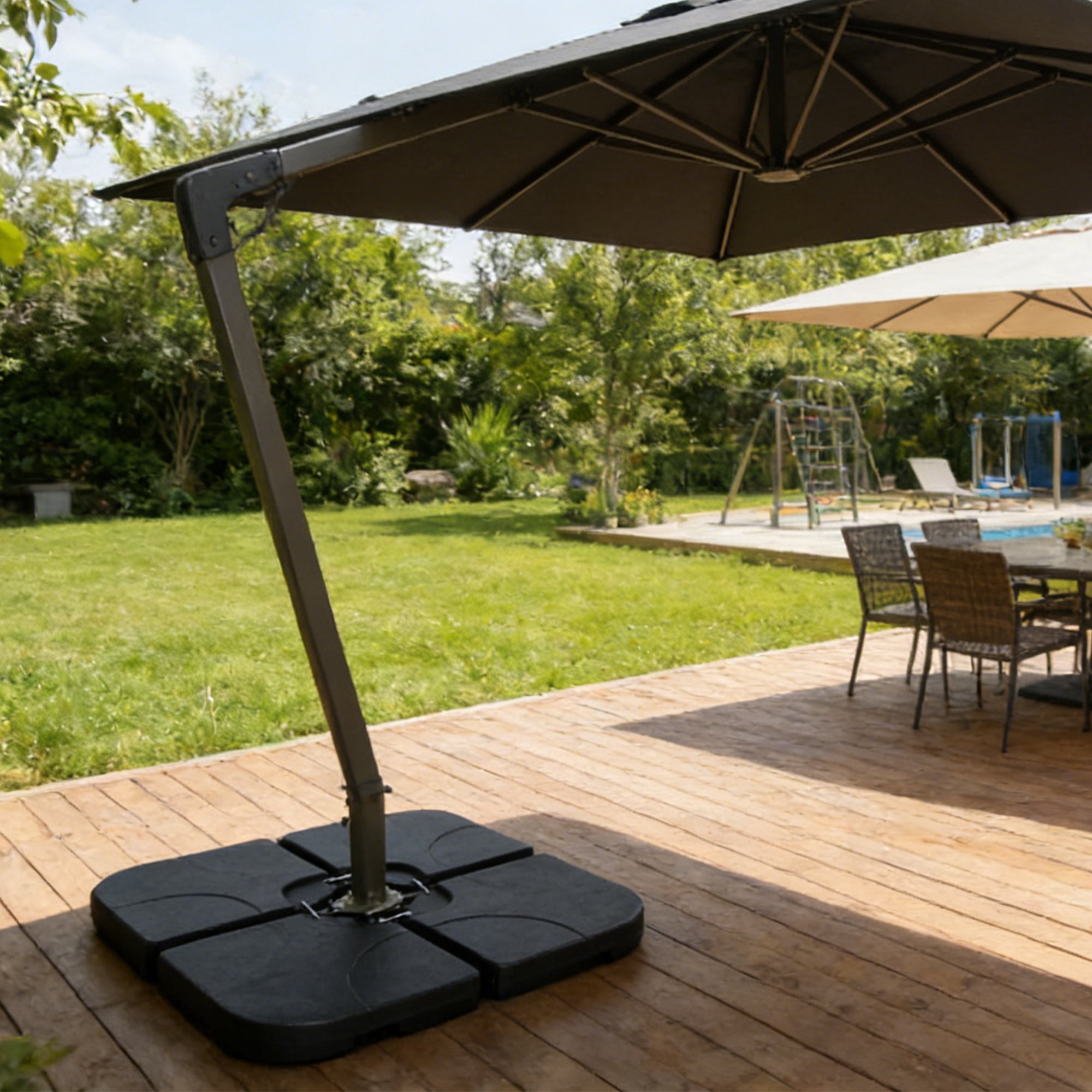 Heavy-Duty Offset Patio Umbrella Stand, Refillable Base with Water or Sand (160–220 lbs), 4-Piece HDPE Panel Set with Secure Lock Pins, Weatherproof & Stackable, Black- Ideal for Backyard, Lawn, Pool