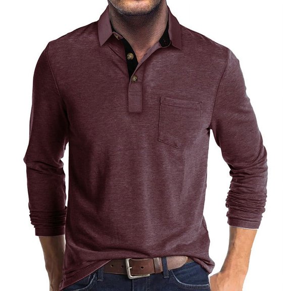 Quarter Button V-Neck Men's Casual Polo Shirts Classic Button Basic Long Sleeve Shirt Solid Color Cotton Tees Stylish Tops Work