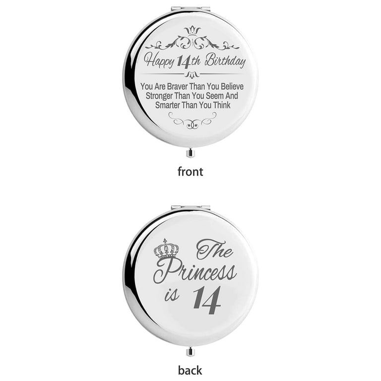 DORADREAMDEKO 14th Birthday Gifts, Silver/White Mirror & Makeup Bag 