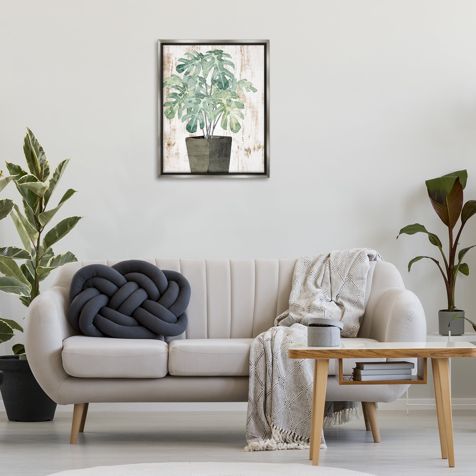 Stupell Industries Flower Pot Greenery Botanical & Floral Painting Gray Floater Framed Art Print Wall Art, 25 x 31