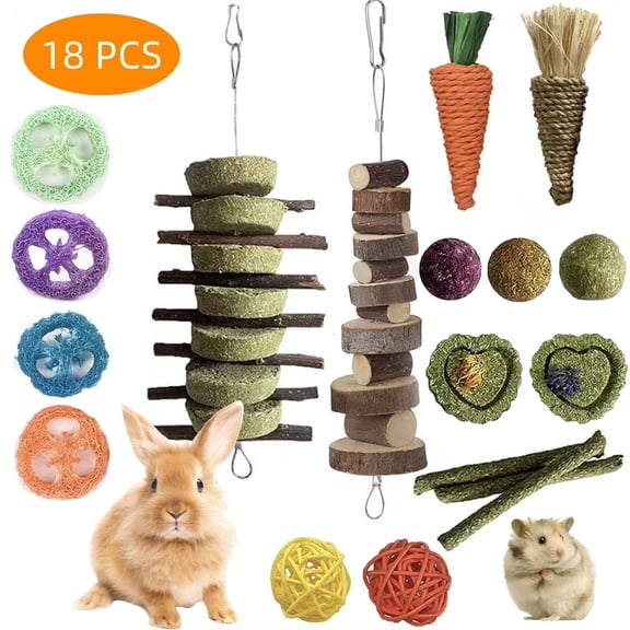 WLGJL 18 PCS Bunny Chew Toys for Teeth, Natural Rabbit Toys Apple Wood Grass timothy Sticks Chew and Treat for Guinea Pigs Hamster Chinchillas