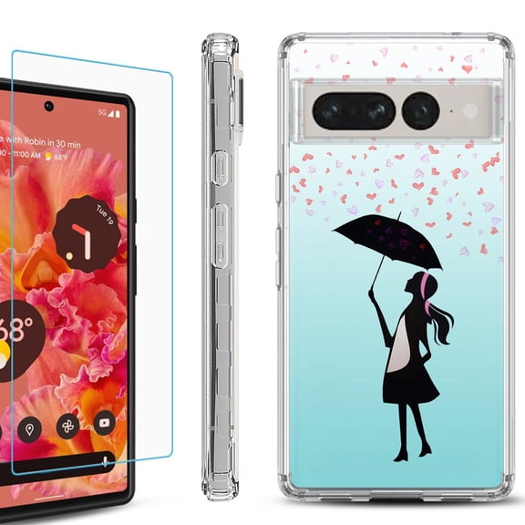 Shockproof Bumper Phone Case for Google Pixel 7 Pro, with Tempered Glass Screen Protector, by OneToughShield ® - Rain/Hearts