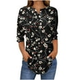 thumbnail image 2 of LYEAA Women Floral Print 3/4 Length Sleeve Button Down Shirt Round Neck Blouse Stretchy Cuffs with Side Slits for Easy Movement Multicolor S, 2 of 5