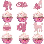 30PCS Glitter Pink Princess Cupcake Toppers Girl Cupcake Picks Handbag Doll Head Bow Tie Lipstick High Heel Cake Decoration for Girl Princess Theme Bridal Shower Wedding Birthday Party Supplies