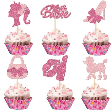 30PCS Glitter Pink Princess Cupcake Toppers Girl Cupcake Picks Handbag Doll Head Bow Tie Lipstick High Heel Cake Decoration for Girl Princess Theme Bridal Shower Wedding Birthday Party Supplies