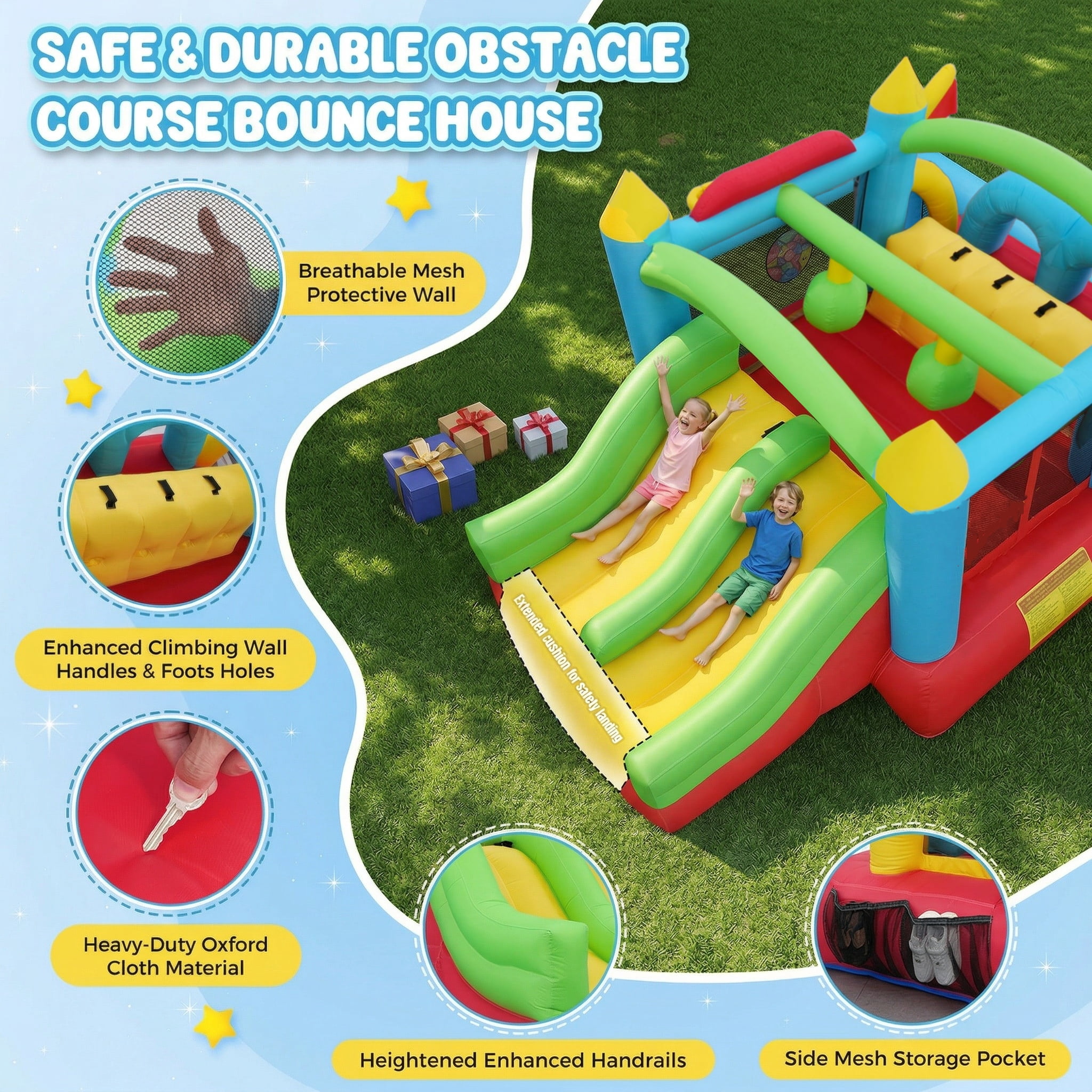 Adnoom Inflatable Obstacle Course Bounce House for Kids 3-12, 7-in-1 Jumping Castle with 550W Blower, Patio Bouncy House w/Dual Tunnels, Double Slides, Basketball Hoops, and Climbing, Indoor/Outdoor