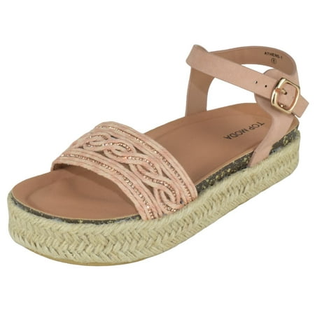 TOP MODA Shoes Women Platform Espadrille Sandals Ankle Strap Flat footbed Buckle up Bling Rhinestone ATHENS-1 Pink Mauve Blush 6