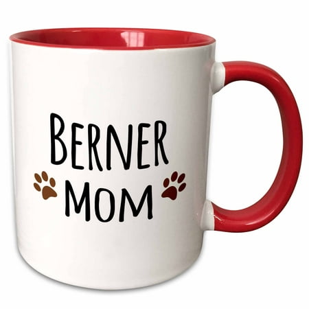 3dRose Berner Mom - Bernese Mountain Dog - doggie by breed - brown muddy paw prints - doggy lover pet owner - Two Tone Red Mug,