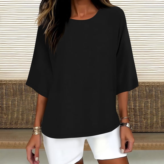 Elvqul Womens Tops Tunic Blouses Plus Size 3/4 Sleeve Black Summer Solid