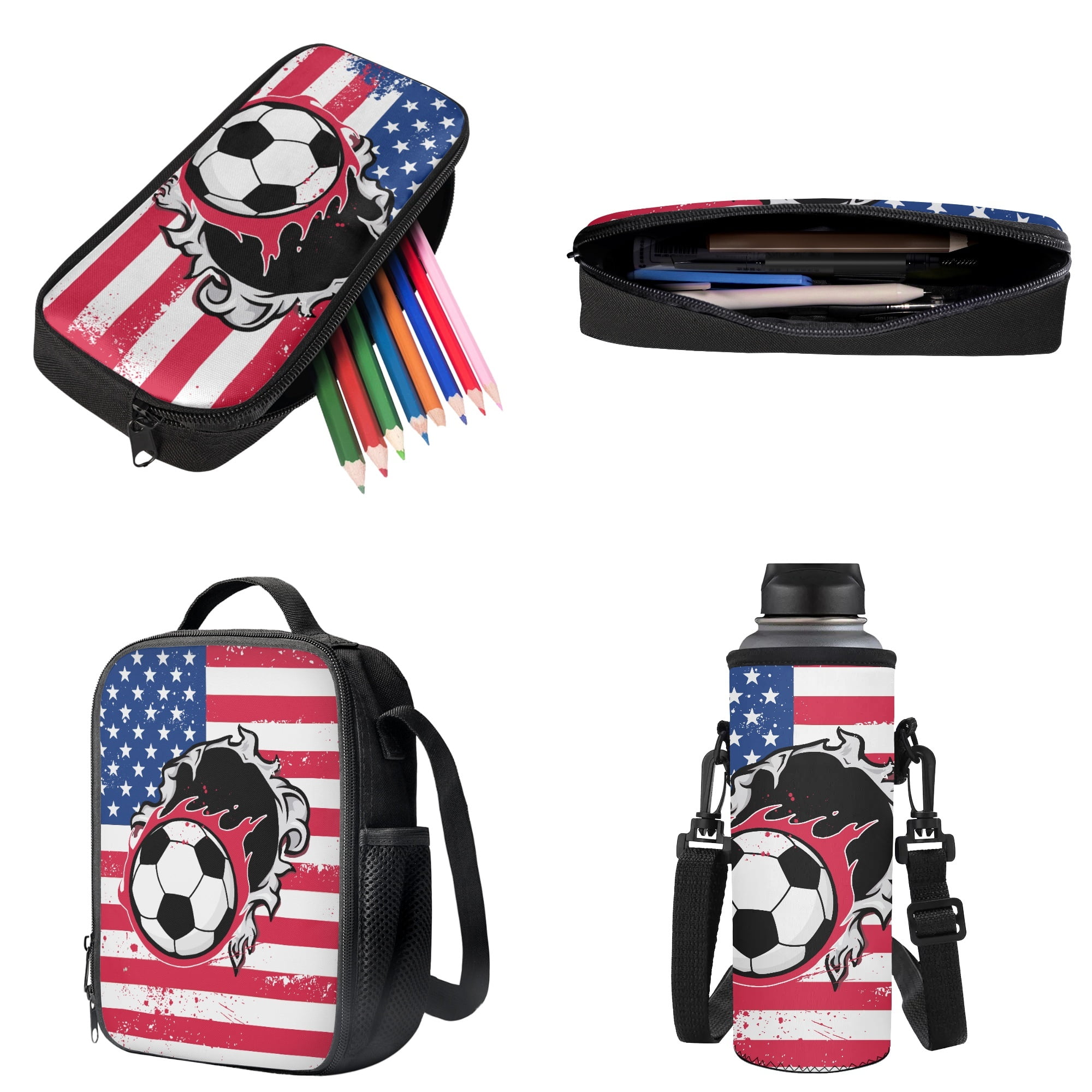 Xixirimido American Flag Soccer Ball Pattern 4Pcs Backpack Set for Students 17 Inch School Bag, Thermal Lunch Tote, Water Bottle Carrier, Pen Case, Lightweight & Large Capacity
