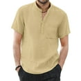thumbnail image 2 of Mens T-shirts Men Spring And Summer Solid Color Casual Linen Stand Collar Plus Size Beach Vacation Short Sleeve Shirt Top Shirt And Set Men French Set 8 Casual Tee Full Sleeve Polyester Khaki XL, 2 of 5