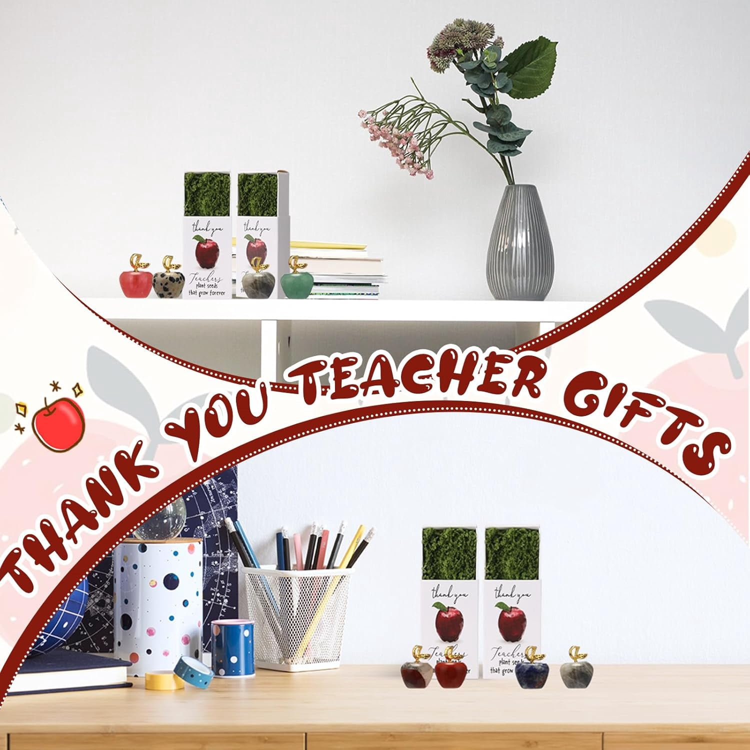 12 Sets Teacher Appreciation Gifts Bulk, Mini Crystal Apple Stone Desk Decor with Matchbox and Green Moss, Thank You Paperweight for Women Men (12 Pcs)