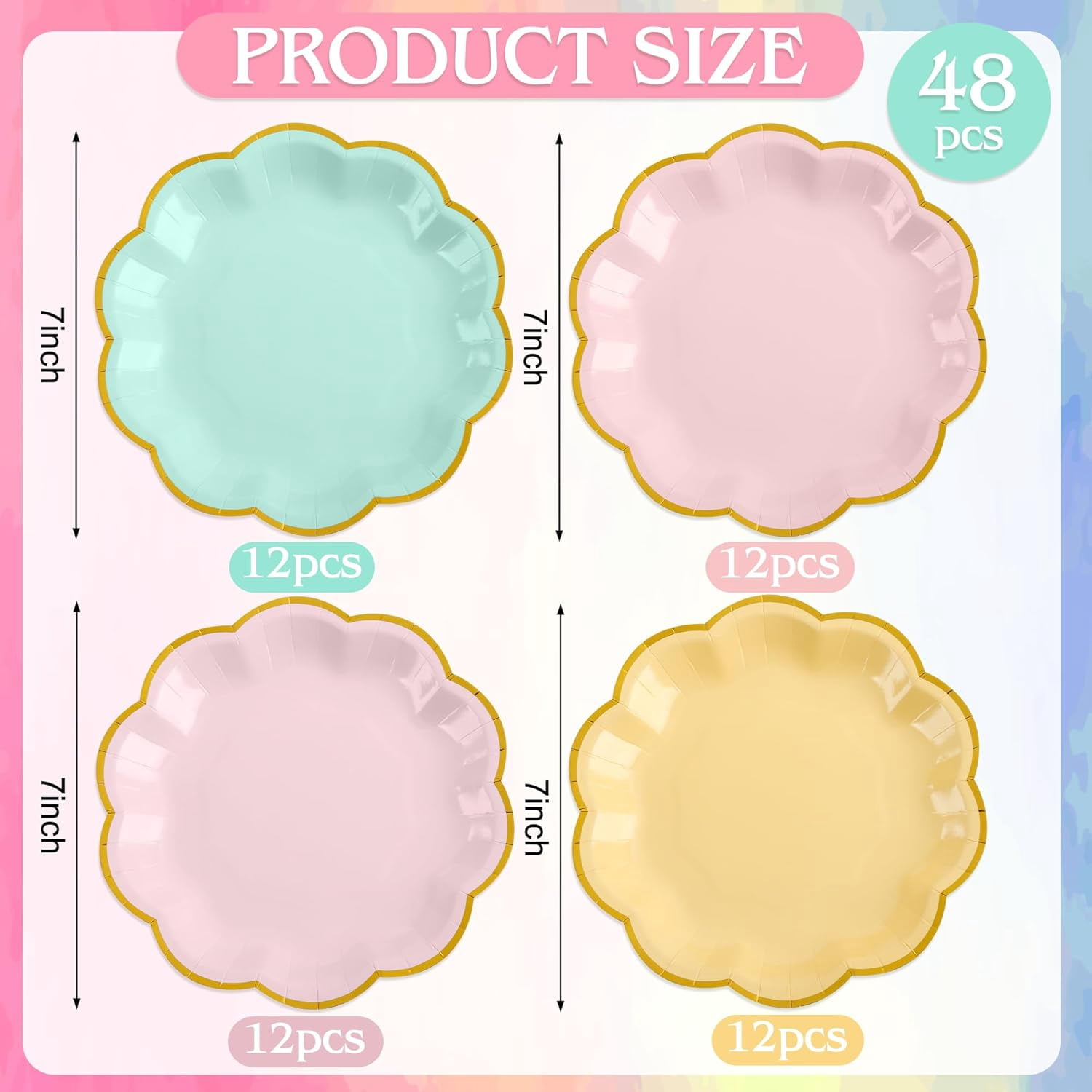48 Pcs Pastel Scalloped Paper Plates 7 Inch Disposable Macaron Colorful Dessert Plates with Gold Edge Gradient Rainbow Party Supplies for Wedding Birthday Baby Shower Bridal Summer Decorations
