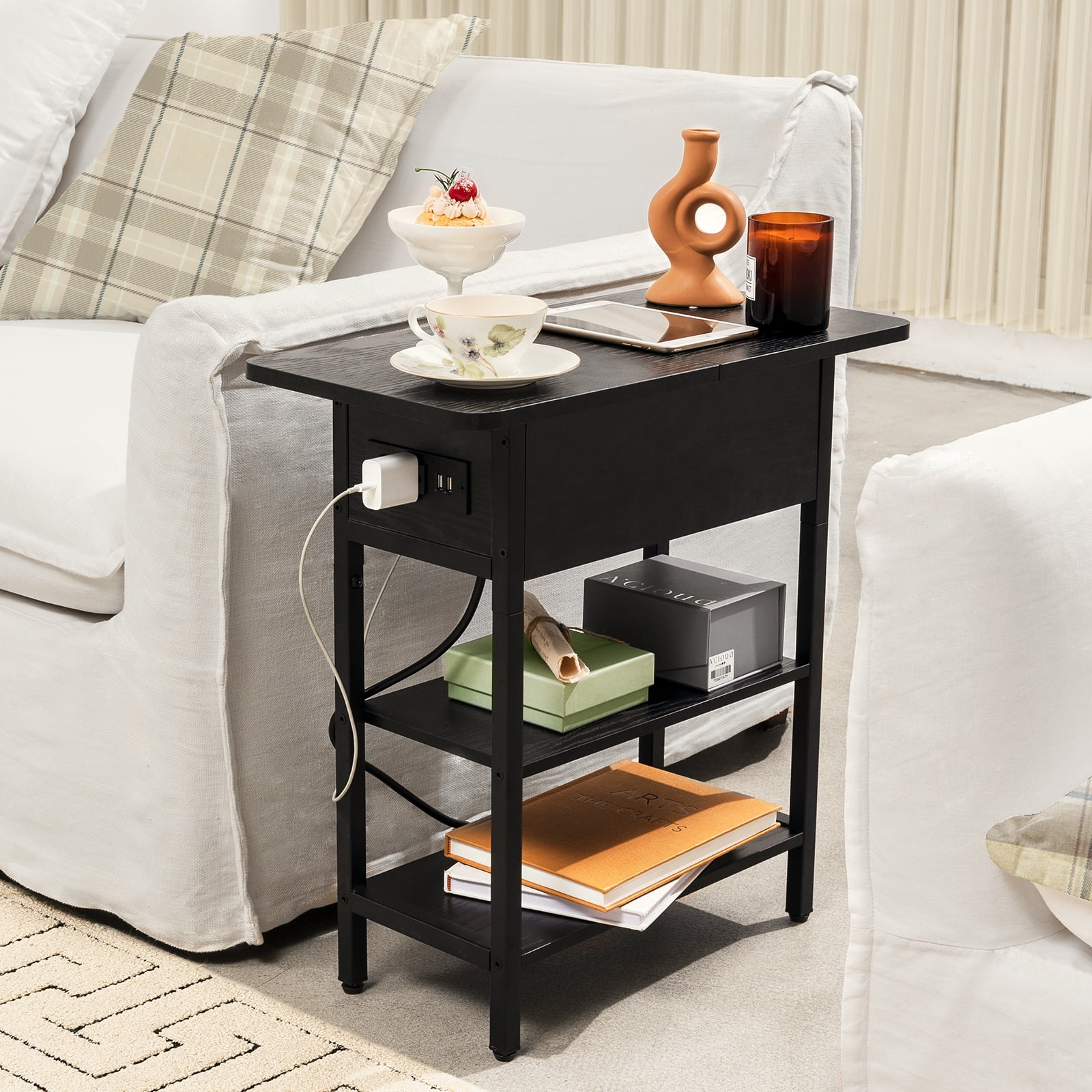End Table with Charging Station, Flip Top Side Table with USB Ports and Outlets,Small Table Bedside Tables with Storage Shelf for Living Room, Bedroom