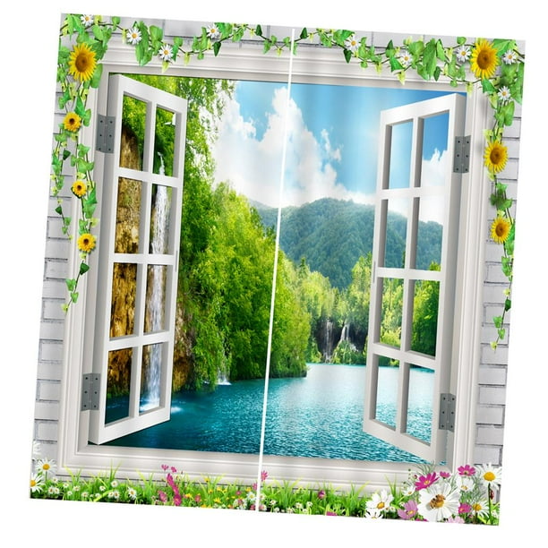 Par de cortinas decorativas para ventanas y puertas con motivo de paisaje, impresas en 3D 13