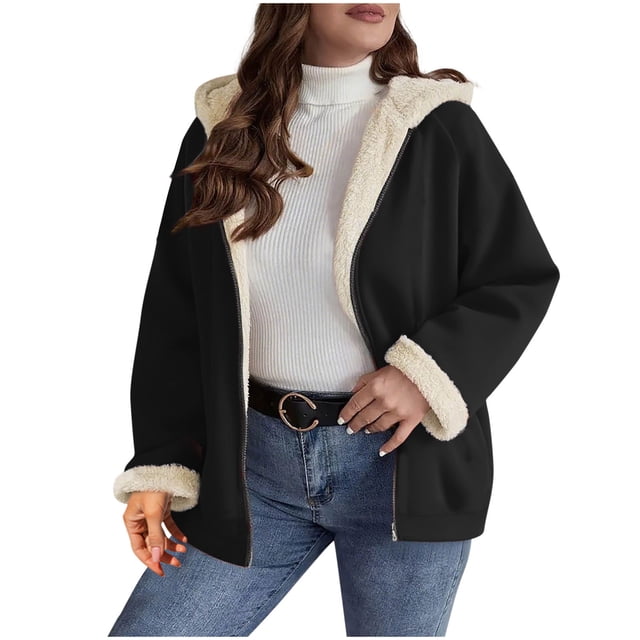 Yanlir Veste à Capuche Zippée en Molleton Uni pour Femme, Manches Longues, Coupe Décontractée Ample, Manteau avec Poches, Manteau Surdimensionné pour l'Automne et l'Hiver, Hauts Mode (Noir, G)