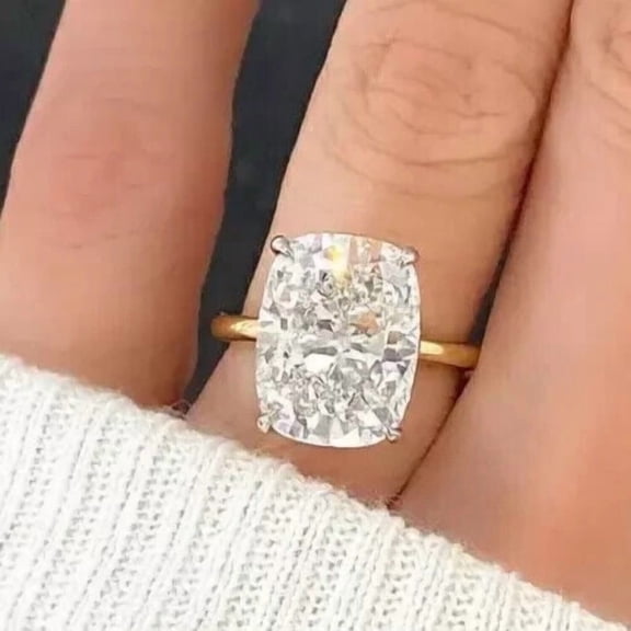 Silver Solitaire Ring 4Ct Cushion Cut Lab-Created Diamond Women's Engagement Ring 14K Yellow Gold Plated