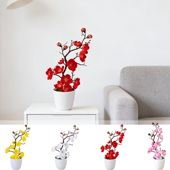 Artificial Bonsai,Plum Blossom Potted Plant with Realistic Petals,Weighted Stable Pot Plastic Bonsai,Low-Maintenance Decor for Home Office Desk Shelf Use(Red)