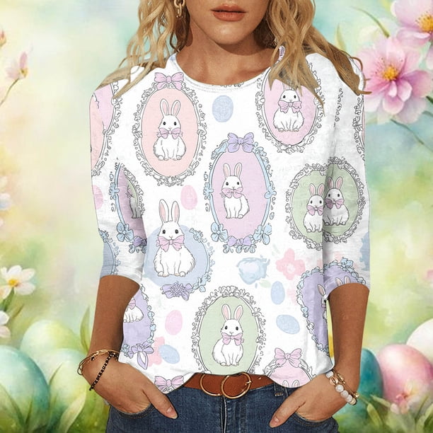 TaTaai Women's Crew Neck 3/4 Sleeve Easter Eggs Floral Print Casual Top Ladies Soft Breathable Spring Tee for Easter Celebrations Family Gatherings Daily Wear Gift