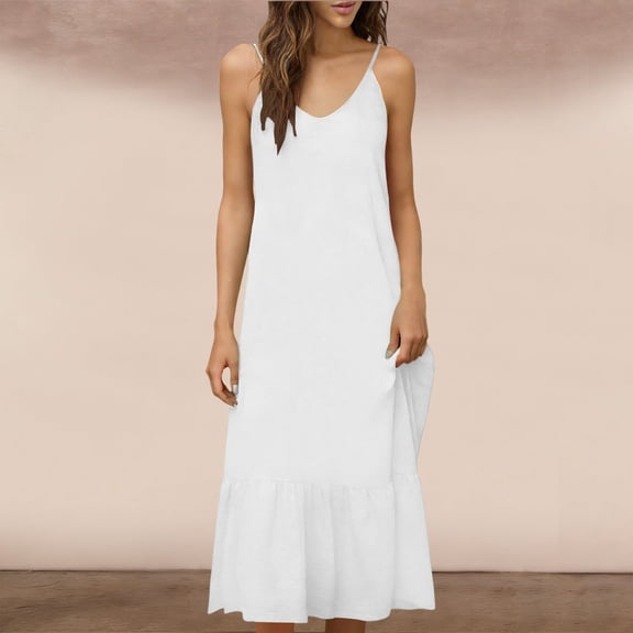 Maqroz Maxi Dresses for Women Crew Neck Spaghetti Strap Linen Blend Sundress Textured Cotton Linen Summer Beach Vacation Travel Wedding Dresses White L