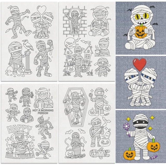 22Pcs Mummy Water Soluble Hand Sewing Stabilizers 8.3"x11.7" Funny Mummy Embroidery Pattern Stabilizer 4 Sheets Cute Stick and Stitch Embroidery Paper Sticker