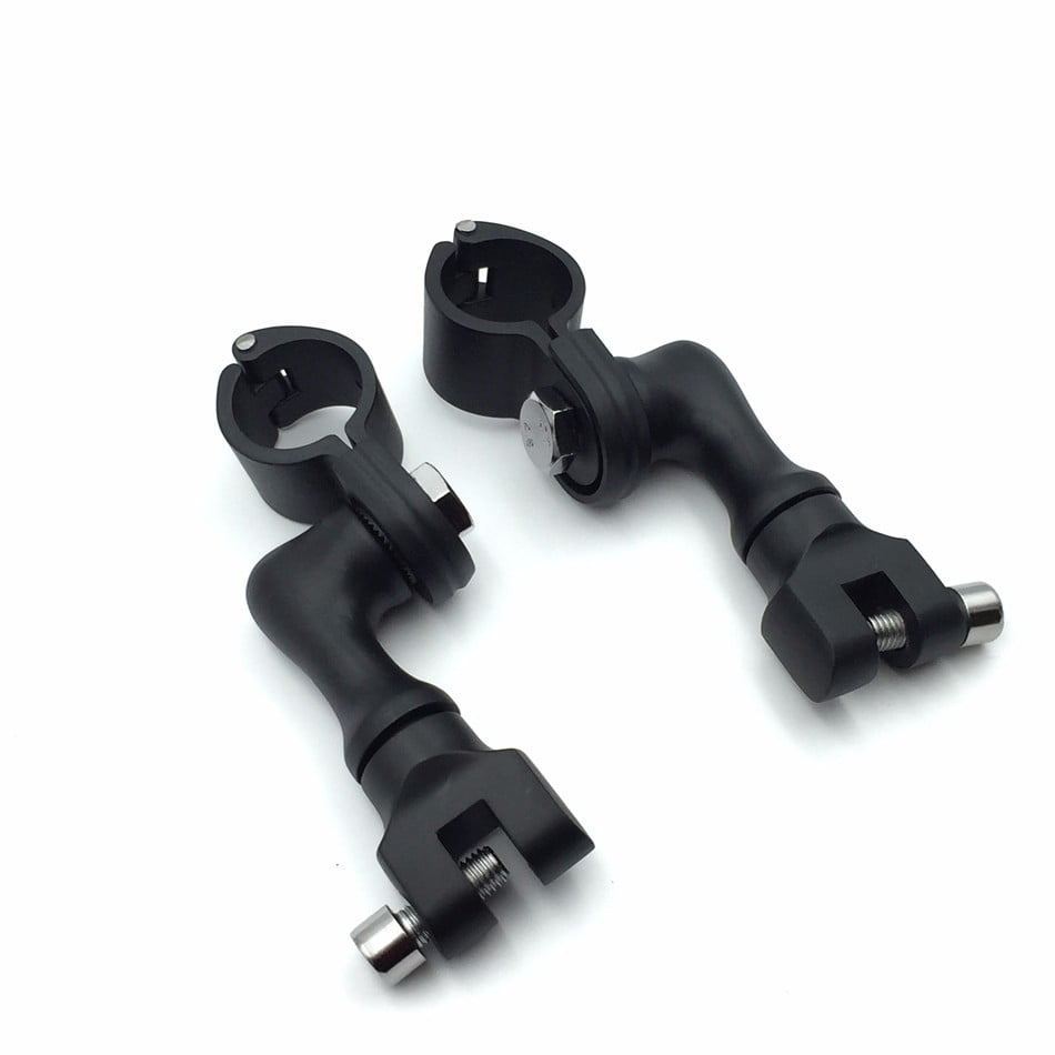 HTT Motorcycle Black Long Angled Adjustable Highway Peg Mounting Kit For Bike with 1 inch 1 25mm Front Engine Guard Frame Tube Honda GoldWing VTX1300 Shadow Valkyrie Triumph