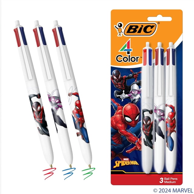 BIC 4-Color Retractable Ballpoint Pen with Marvel's Spider-Man Theme, Versatile Medium Point, 3-Count in Assorted Ink-(Multicolor)