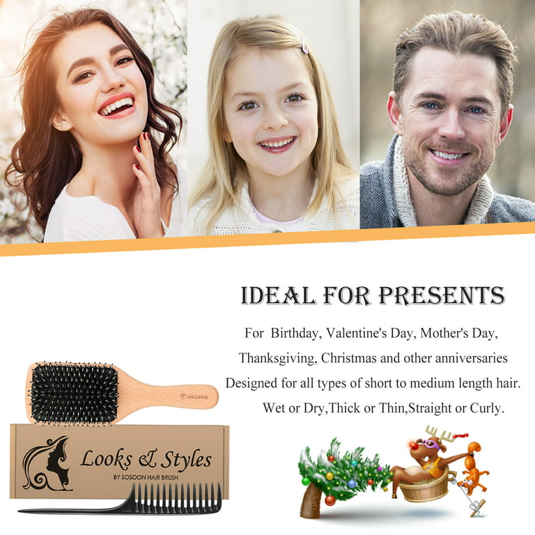  Hair Brush, Sosoon Boar Bristle Paddle Hairbrush for Long  Short Thick Thin Curly Straight Wavy Dry Hair for Men Women Kids, No More  Tangle, Giftbox & Tail Comb Included 