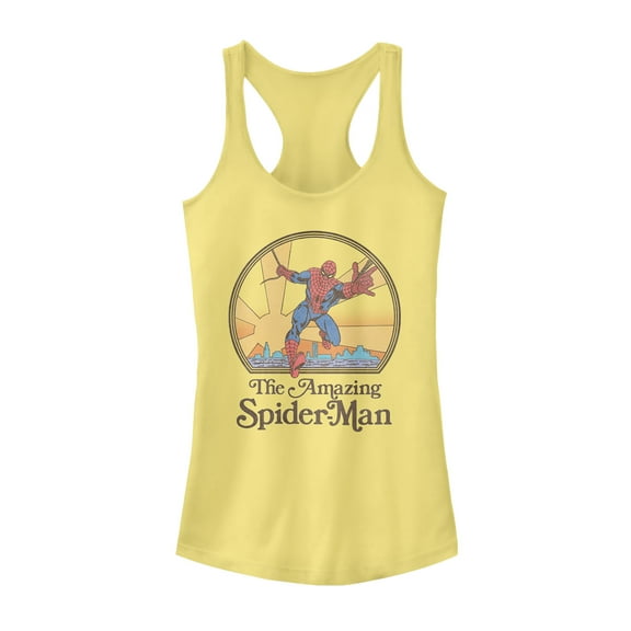 Junior's Marvel Vintage Spider-Man Sun  Racerback Tank Top Banana 2X Large