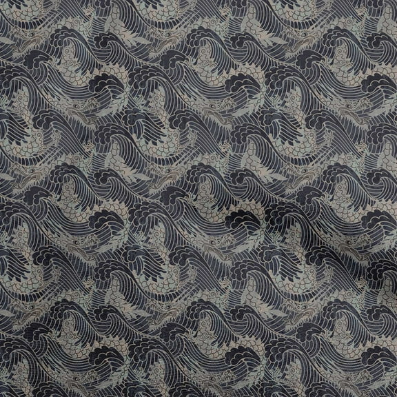 oneOone Polyester Spandex Black Fabric Asian Japanese Wave Quilting Supplies Print Sewing Fabric By The Yard 56 Inch Wide