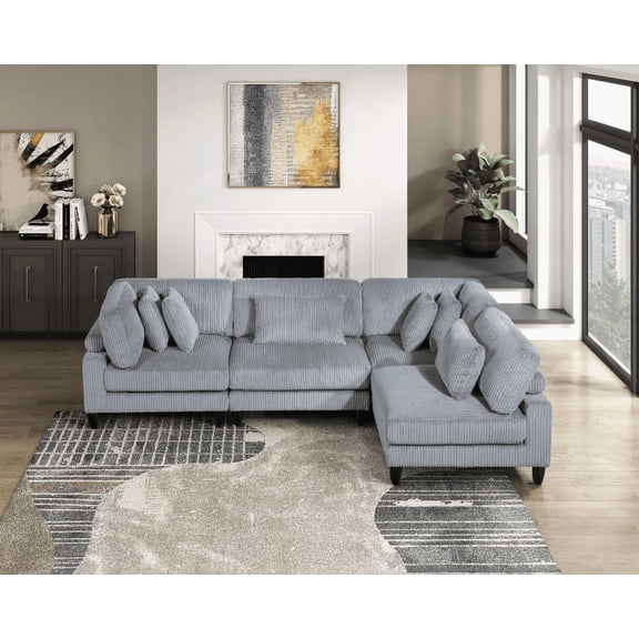 Living Room 4-Piece Modular Sectional Sofa Set - Gray Corduroy, Solid Wood Legs