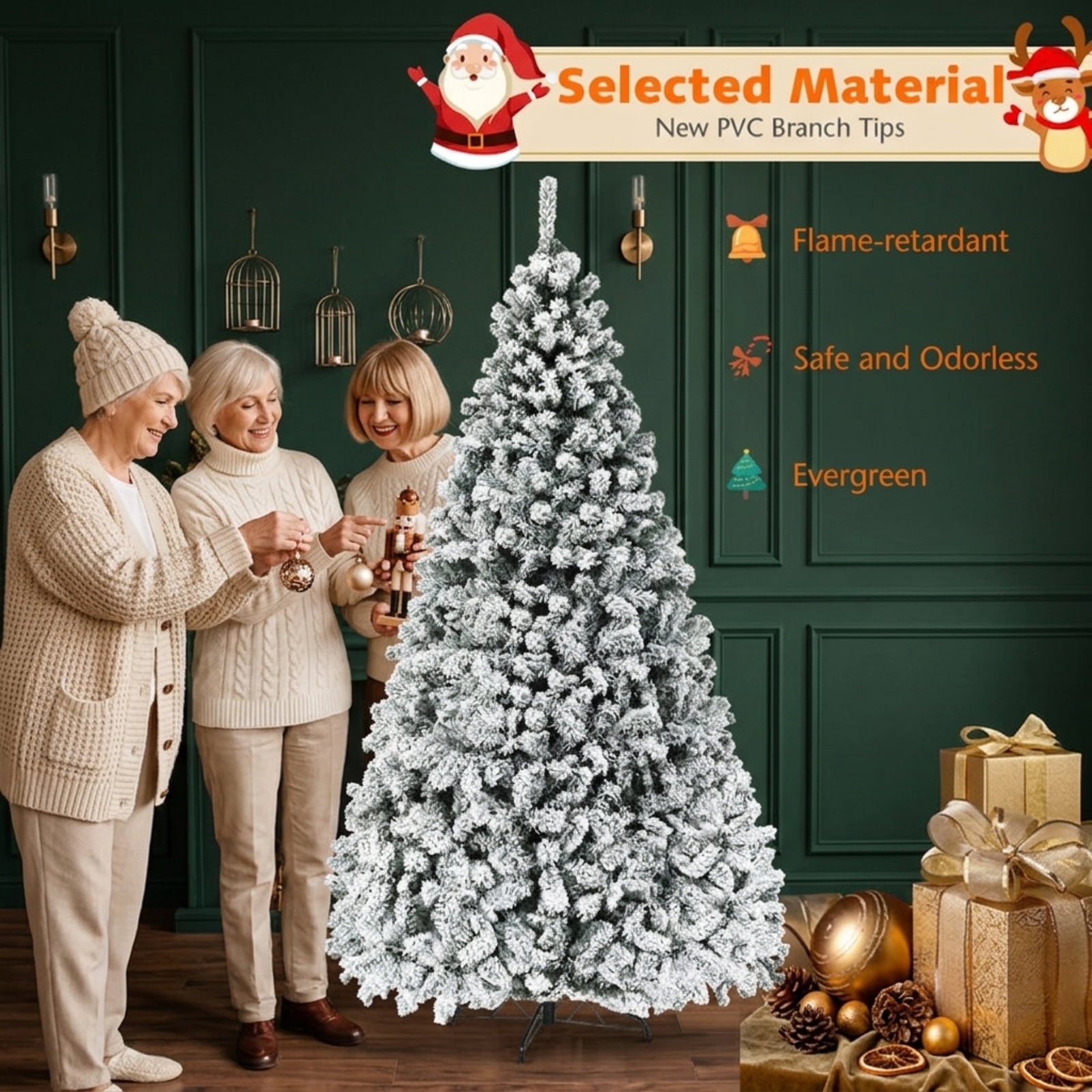 RUIE, 9 Ft Flocked Tree, 9 ft Artificial Christmas Tree, 550 LED Lights, Snow Flocked, 1498 Full Tips, for Home Holiday Xmas Decoration