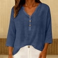 thumbnail image 4 of Womens Short Sleeve Tops Casual V Neck Button 3/4 Sleeve Linen Blouse Loose Fit Solid Color Tops for Summer, 4 of 6