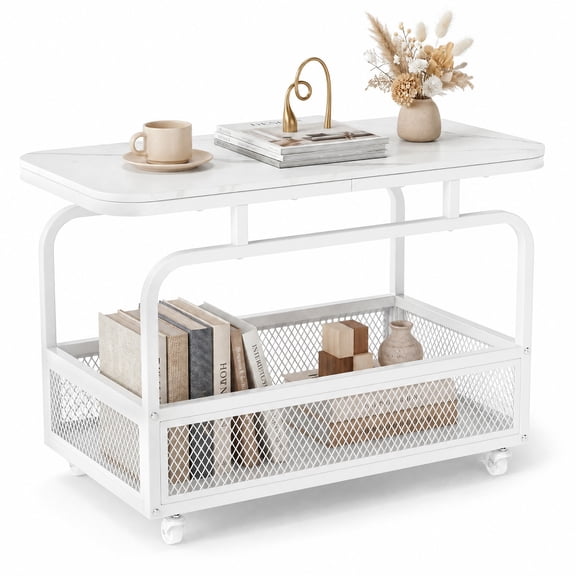 Furnibear Rolling Side Table 2 Tier Narrow End Table with Faux Marble Top and Mesh Storage Basket for Living Room Bedroom and Sofa Side, White