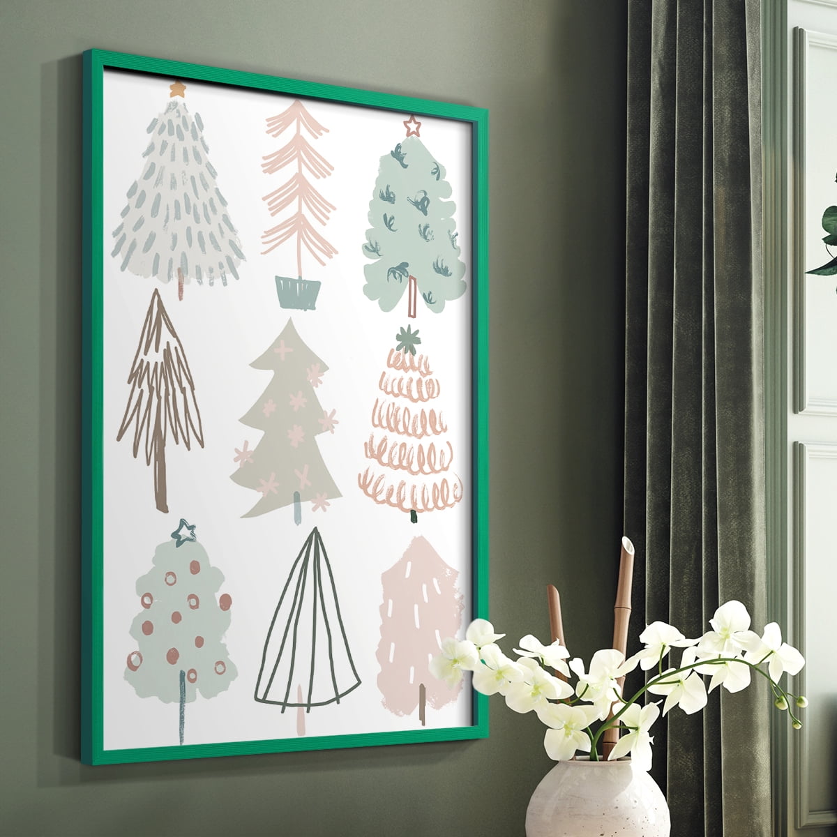 Christmas Tree Sketchbook I Framed Print in Green Solid Wood Framed Print No Nail Hanging