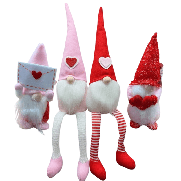 Valentine Gnome Décor Set of 4 – Heart Themed Valentine Handmade Swedish Tomte Gnomes Tabletop & Shelf Display, Valentine’s Day Home Decorations with 2 Sitting Gnomes & 2 Upright Decorative Accents