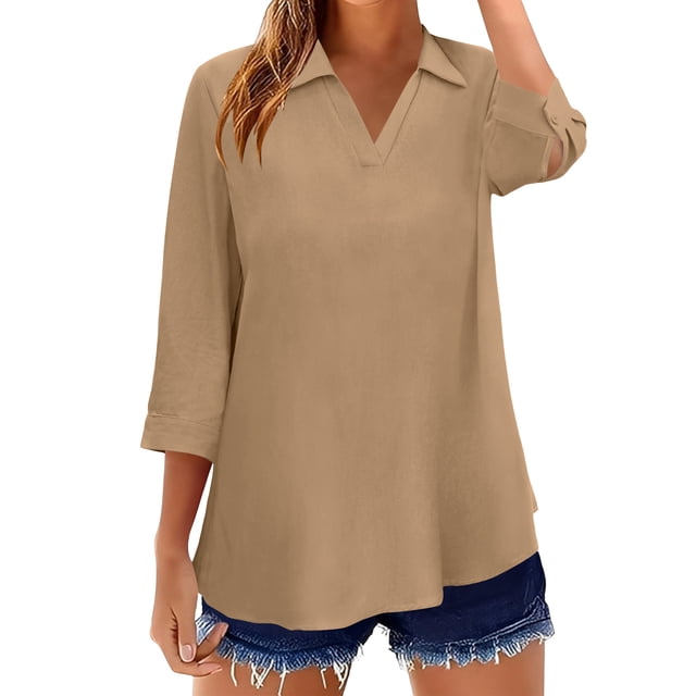 Neewe Hauts pour Femmes à Manches 3/4, Chic, Col en V, Chemises à Col, Blouses Tendance pour le Travail, Tenue de Bureau Décontractée, Tenues de Vacances 2026
