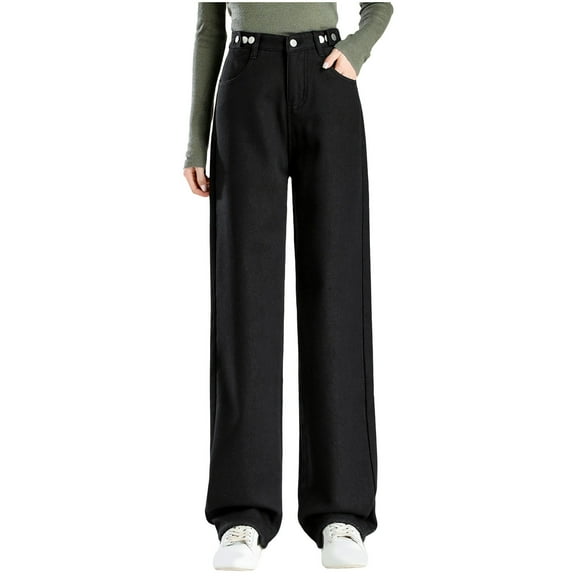qucoqpe Women's Fleece-Lined Denim Pants High-Waisted Straight Wide-Leg Jeans