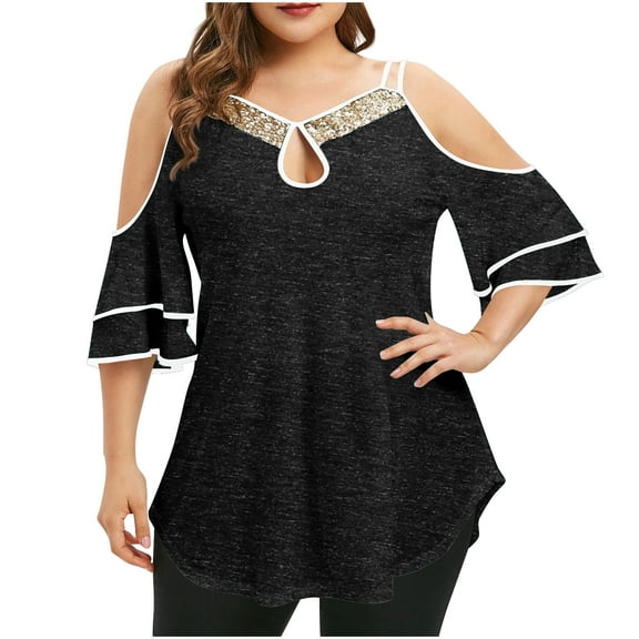 Akafmk Plus Size Womens Summer Tops,Short Sleeve Tops for Women,Fashion Oversize Solid Color Shirt Hollow V-neck Cold Shoulder Trendy Loose Dressy Casual Blouses