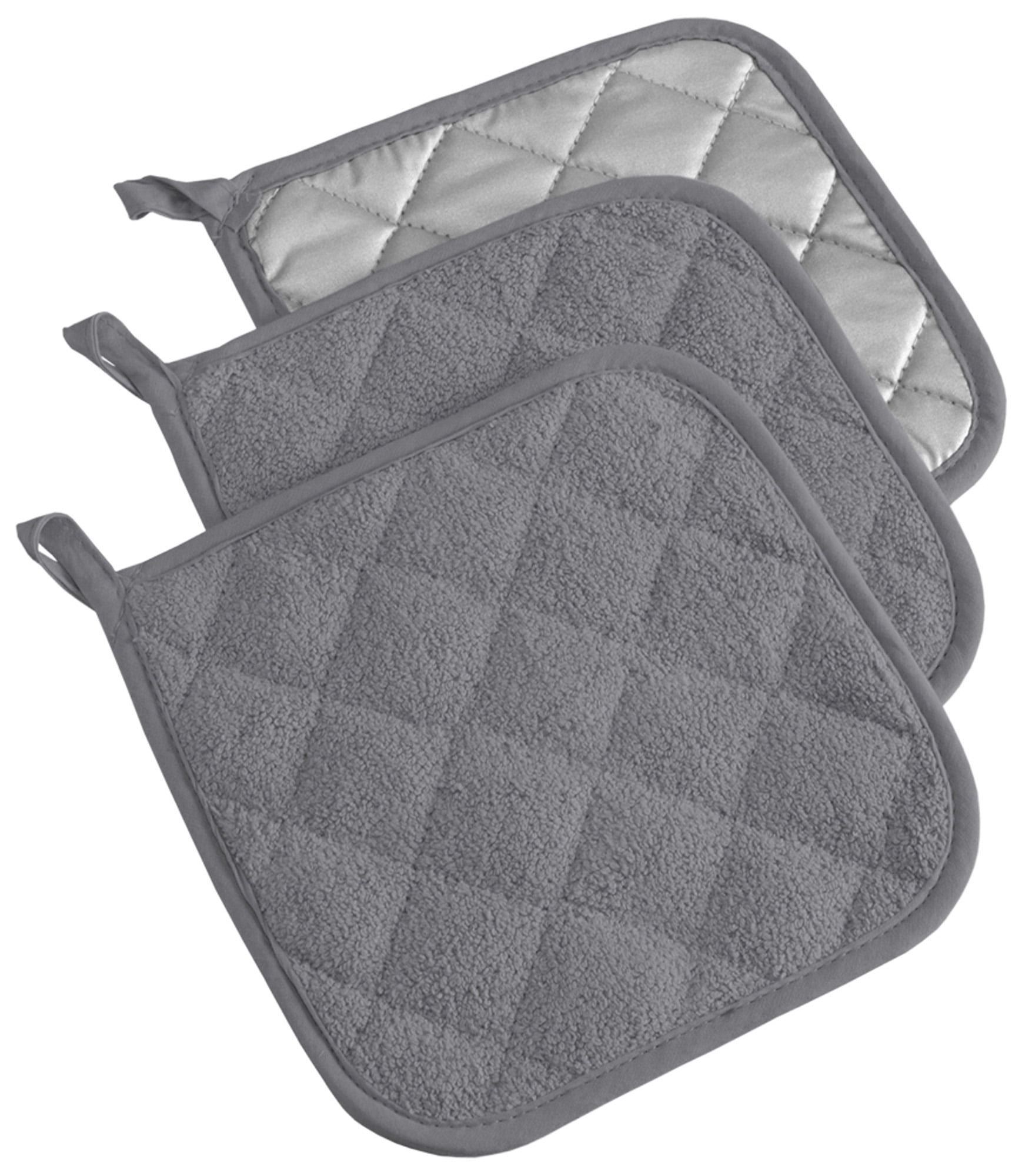 Set of 3 Gray And Silver Terry Square Pot Holder, 7"